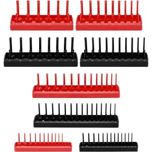 8- Socket Organizer Trays, SAE and Metric Socket Tray Set, 1/4", 3/8", and 1/2" Drive Deep and Standard Socket Holders Organizers for Toolbox, Black & Red