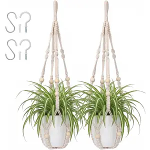 Macrame  Hanger 23", Set of 2 No Tassel   Holder Indoor, Sturdy Flower Pot Holder with 4 Hooks -  (Pot NOT Included)