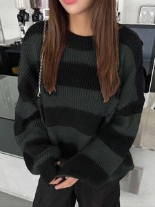 women's striped colorblock sweater, fall winter drop shoulder round neck loose casual knit top, ladies fashion pullover
