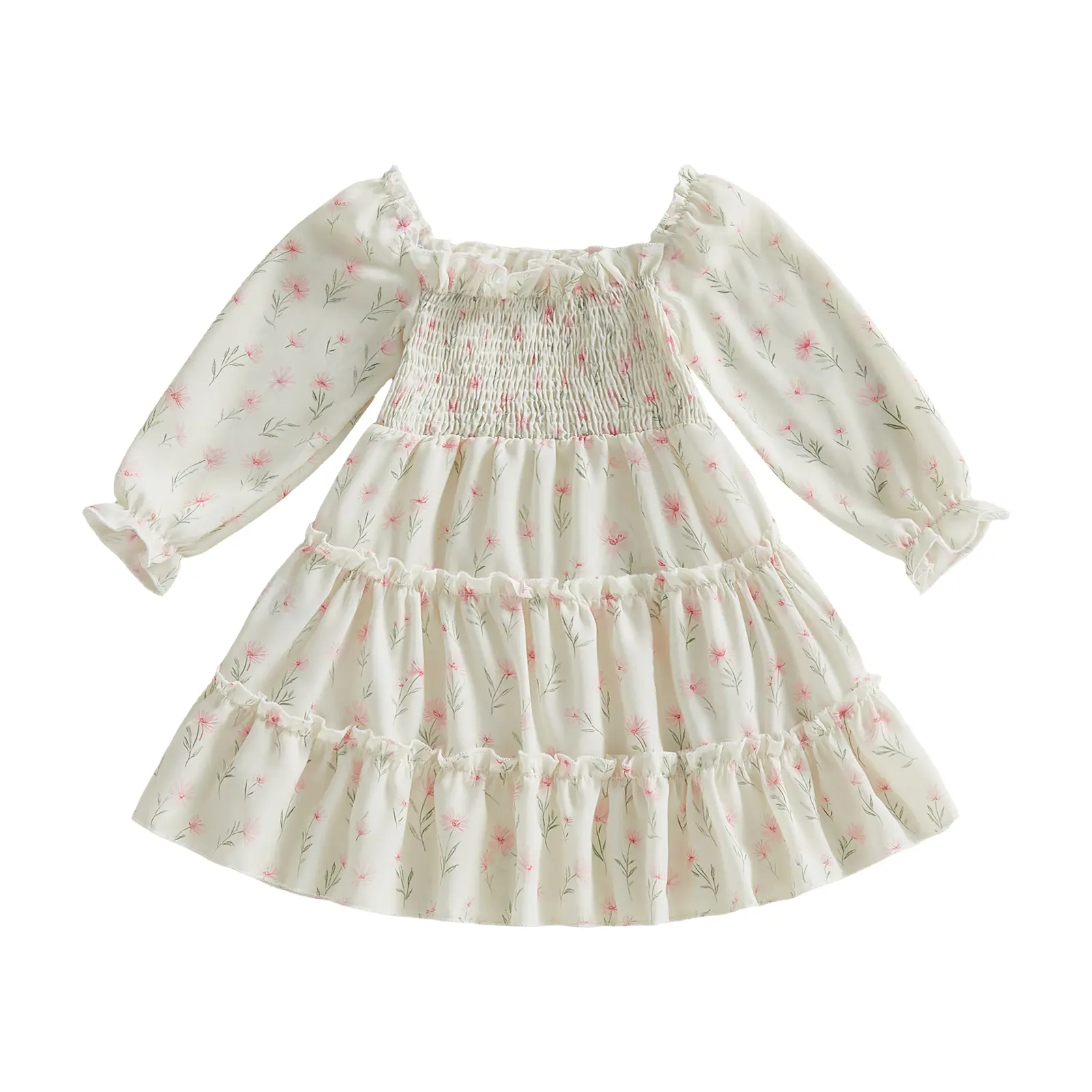 Meihuida Toddler Baby Little Girl Floral Dress Long Sleeve Smocked A-line Tiered Ruffled Dresses for Spring Fall 1-5 Years