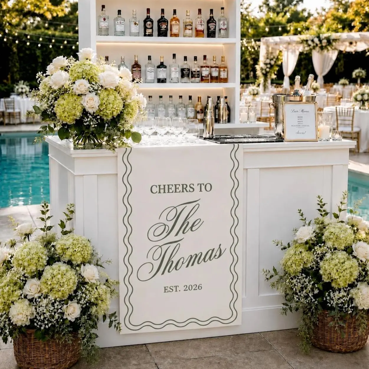 Custom Unique Timeless Scalloped  Wedding Welcome Sign, Fabric Bar Menu Banner, Linen Cotton, Personalized Name Date, Romantic Ceremony Gift