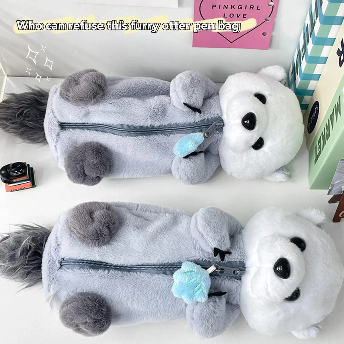 ​Kawaii Plush Otter Pencil Case Large Capacity, Expandable Portable Cosmetic & Stationery Bag For Students, Soft Plush Material