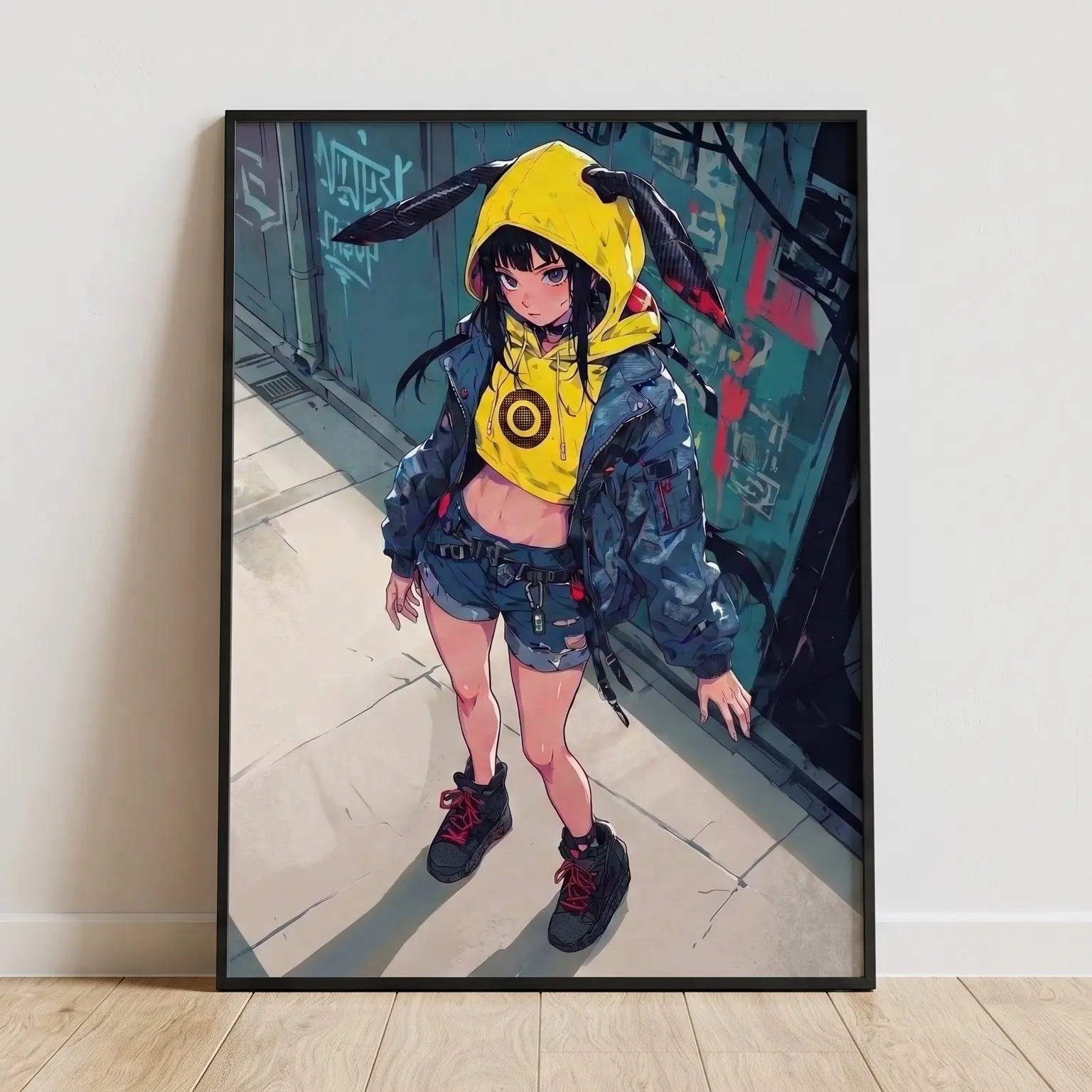 Cyberpunk Bunny Ear Hoodie Wall Art Print, Techwear Streetwear Aesthetic Poster, Cute & Edgy Gamer Girl Decor for Bedroom, Living Room, Unframed