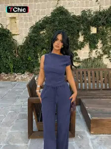 Solid Color Casual Off-Shoulder Short Sleeve Fitted Top and Wide Leg Pants Set Outfits, Womenswear Stylish Two Piece for Everyday Wear