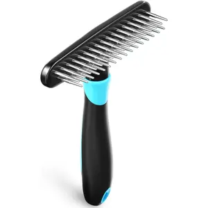 Deshedding Brush Undercoat Rake for Dogs Cats, for Matted Short Long Hair Coats, Double Row Stainless Steel Pins, Reduce Shedding by 90% (Blue)