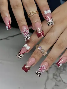 Burgundy Leopard Press On Nails, 3D Flower Bow, Long Coffin Rhinestone Set