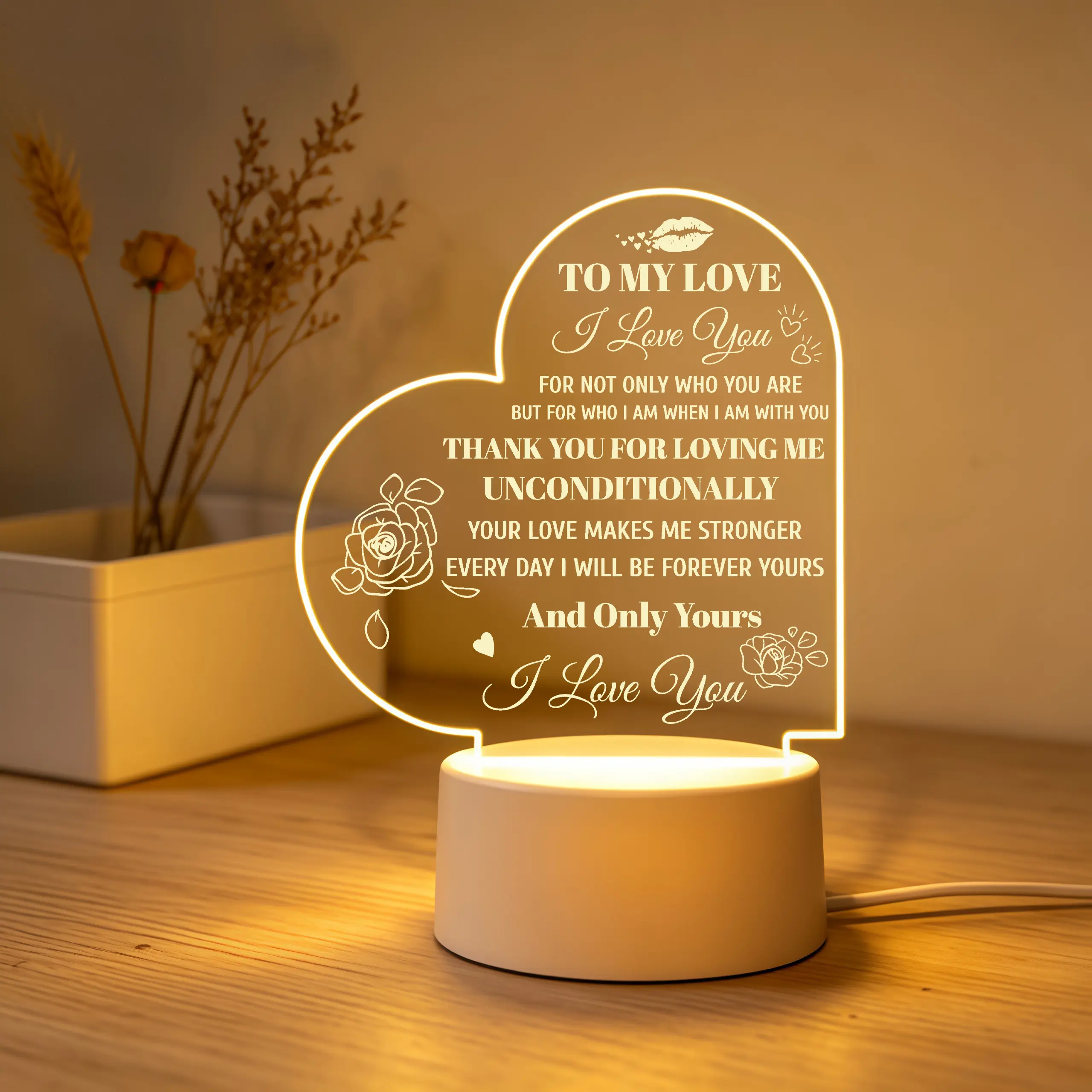 Heart-Shaped Acrylic LED Night Light with Romantic Rose Quote, Warm Ambient Glow, Cute Couple Gift for Spouses, Romantic Bedroom Decor, Anniversary, Valentine's Day, Christmas Home Supplies