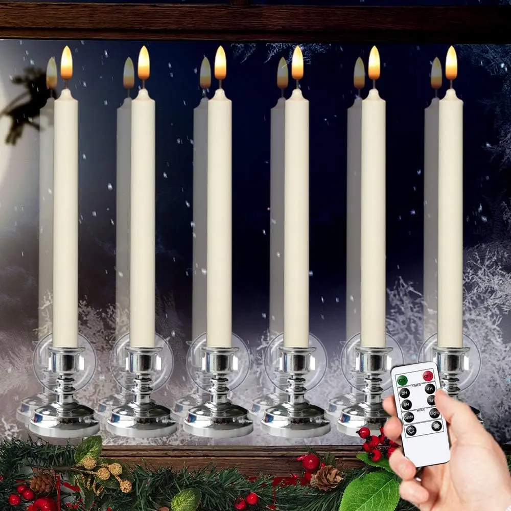 Plastic Flameless Window Taper Candle Lights (6-Pack, 10in), 2.3in D x 12in H, 10-Key Remote Control & Timer Operated, Flickering LED Wick, Removable Holder & Suction Cups, Easy to Attach for Christmas Decorations