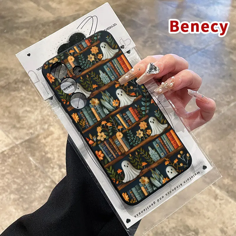 Ghostly Bookshelf Florals Pattern Straight Edge Liquid Silicone Phone Case, Shockproof Drop Protection Casing for Galaxy S22+ S23 Ultra S24 Plus S25, Rugged Durable Smartphone Handheld Devices Accessories