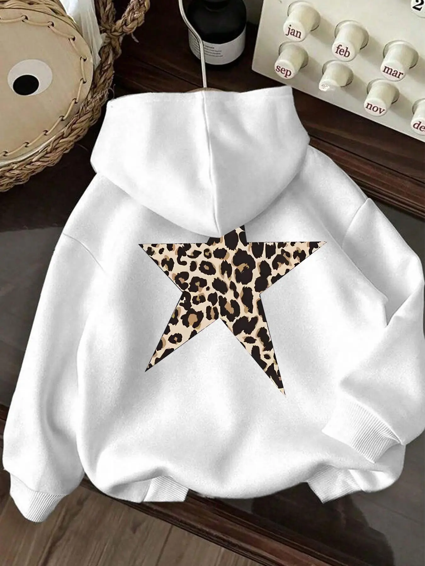 Women's Leopard Print Star Loose Oversized Long Sleeve Hoodie, Soft Fleece Fabric, Casual Streetwear Pullover Hooded Sweatshirt, Casual Fashion Sweatshirt, Sky Blue Dark Green Red Navy White Pink Beige Black Available