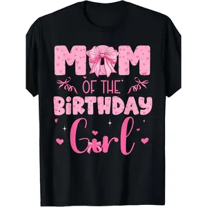 [100% Cotton] 100% CottonRetro "Mom of The Birthday Girl" T-Shirt - Pink Bow & Birthday Suitable for - Round Neck Top, Machine Washable Blouse Style Shirt for Birthday Outfits (Revised Product Name)