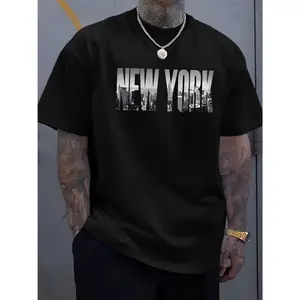 Cotton Short Sleeve  T-Shirt Casual Polyester Short Sleeve Graphic Tee - Men's Classic New York City T-Shirt - Distressed Letter Print, Round Neck, Summer Essential