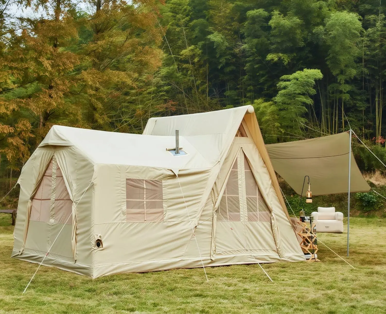 QWTRDFInflatable Camping Tent, 4-12 Person 4 Season Quick Setup Air Shelter with Pump, Stove Jack, TPU Skylight, Detachable Canopy, 600D Oxford Weather Resistant Design for Family Camping