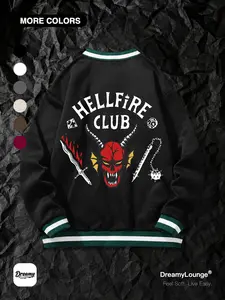 Stranger Things Hellfire Club Print Baseball Tee, Casual Breathable Round Neck Top, Fitted Graphic Shirt for Outdoor & Home Wear