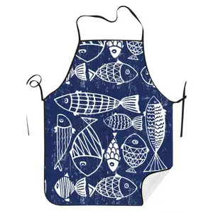 1 vintage-style fish-print sleeveless apron, made of woven fabric, with adjustable neck strap and shoulder ties, suitable for home cooking and kitchen wear, adult size