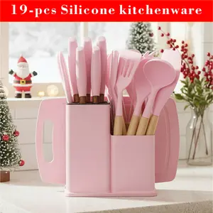 19-Piece Kitchen Knife Set with Heat-Resistant Silicone Cutlery & Wooden Handles - Includes Chef Knife, Non-Stick Compatible Tools, pots pans set Valentine's Day and More Cookware non stick pots and pans Kitchenware Nonstick Ladle Stylish White Pink