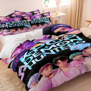 K-pop Idol Group Anime Duvet Cover Set, 1 Duvet Cover + 1/2 Pillowcases, No Core, Cool Black Background Print with Dual Groups & Neon Music Notes, Soft Cozy Breathable Material All-Season Bedding for Teens & K-pop Fans Bedroom & Dorm Decor