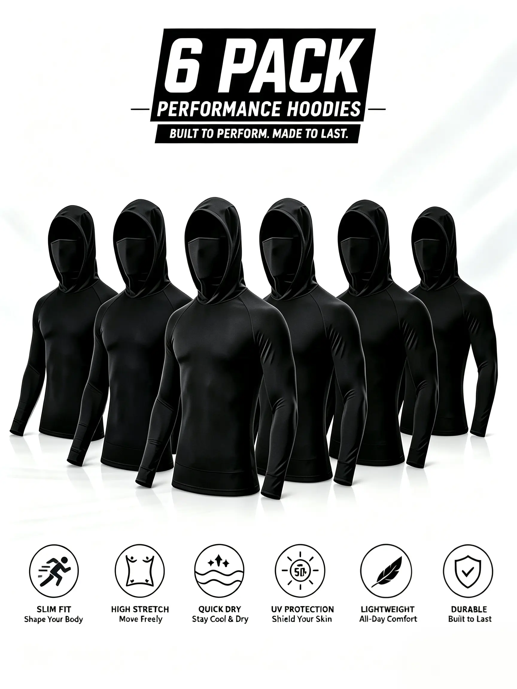 Men's 6-Pack Hooded Long Sleeve Polyester Compression Shirts with Attached Hood & Built-in Face Mask, UPF Sun Protection Breathable Workout Tops for Gym & Running, Activewear Gym, Athletic Sports Clothing, Fitness Clothes, All Seasons, Fitted