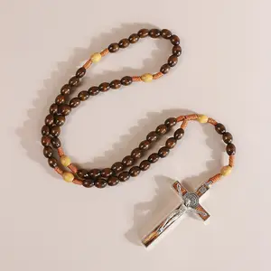 Classic Wooden Rosary Beads ,Handmade Catholic Rosary for Men and Women,Perfect for Rosarios Catolicos,Includes 3" Large Size Metal Saint Benedict Medal Cros