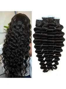 Tape in Human Hair Extensions Loose Deep Wave Glue on Curly hair extensions Human Hair For Women 16-30inch 50g/20pcs Full Head Seamless Skin Weft Tape Ins Natural Black Hair Piece #1B LDW