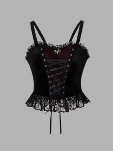 Women's Gothic Contrast Lace Crop Cami Top, Retro Fashion Lace Up Spaghetti Strap Sleeveless Top for Daily Outdoor Wear, Ladies Clothes for All Seasons, Womenswear