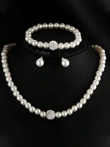 Women's Elegant Pearl Jewelry Set, Necklace Bracelet Earrings, Rhinestone Design, Complete Accessories Set, Perfect for Evening Dresses & Weddings