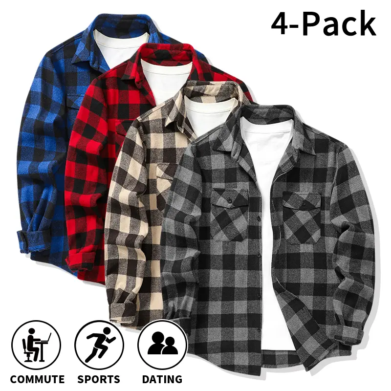 Men's Checkerboard Shirt, Vintage Long-Sleeve Casual Button-Up with Double Pockets, Textured Polyester Fabric (1 or 4 Pack), Woven Top Men's Casual Shirts, Collared,clothes for back to school,first day of school outfits
