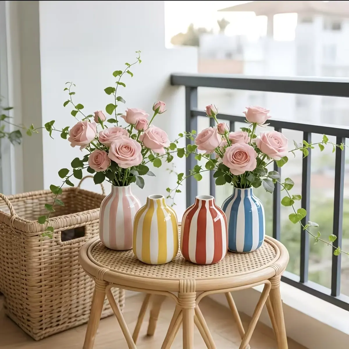Modern Colorful Striped Ceramic Vase, artistic hydroponic flower vase for fresh flowers and home decor styling, creative tabletop decoration for living room bathroom entryway and kitchen countertop aesthetic arrangement