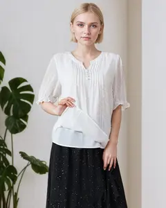 V-neck ruffled blouse with women's mid sleeves for casual coverage and slimming, loose jacquard three-dimensional texture top LE-SY069