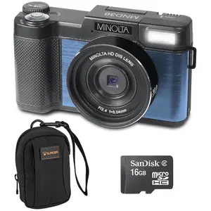 Minolta MND30 30MP 2.7K QHD 3.0" LCD Screen Digital Camera, Blue, With micro SD Card and Slinger Camera Bag