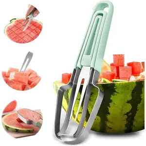 Watermelon Cutter 3-in-1, Multi Melon Slicer, Fork & Popsicle Maker Tool, Stainless Steel Fruit Cutter for Watermelon, Cantaloupe, Mango - Dishwasher Safe Kitchen Gadget for Summer, Fruit Salad, Camping & Kitchen (Green), cutter accessories