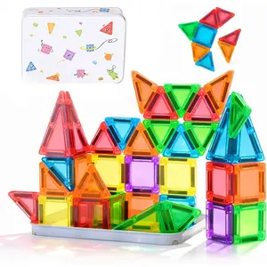56pcs Mini Magnetic Tiles with Iron Box Portable Design Toddler Magnetic Building Blocks Kids Toys Montessori Preschool Education Sensory Travel Essentials Toys Gift