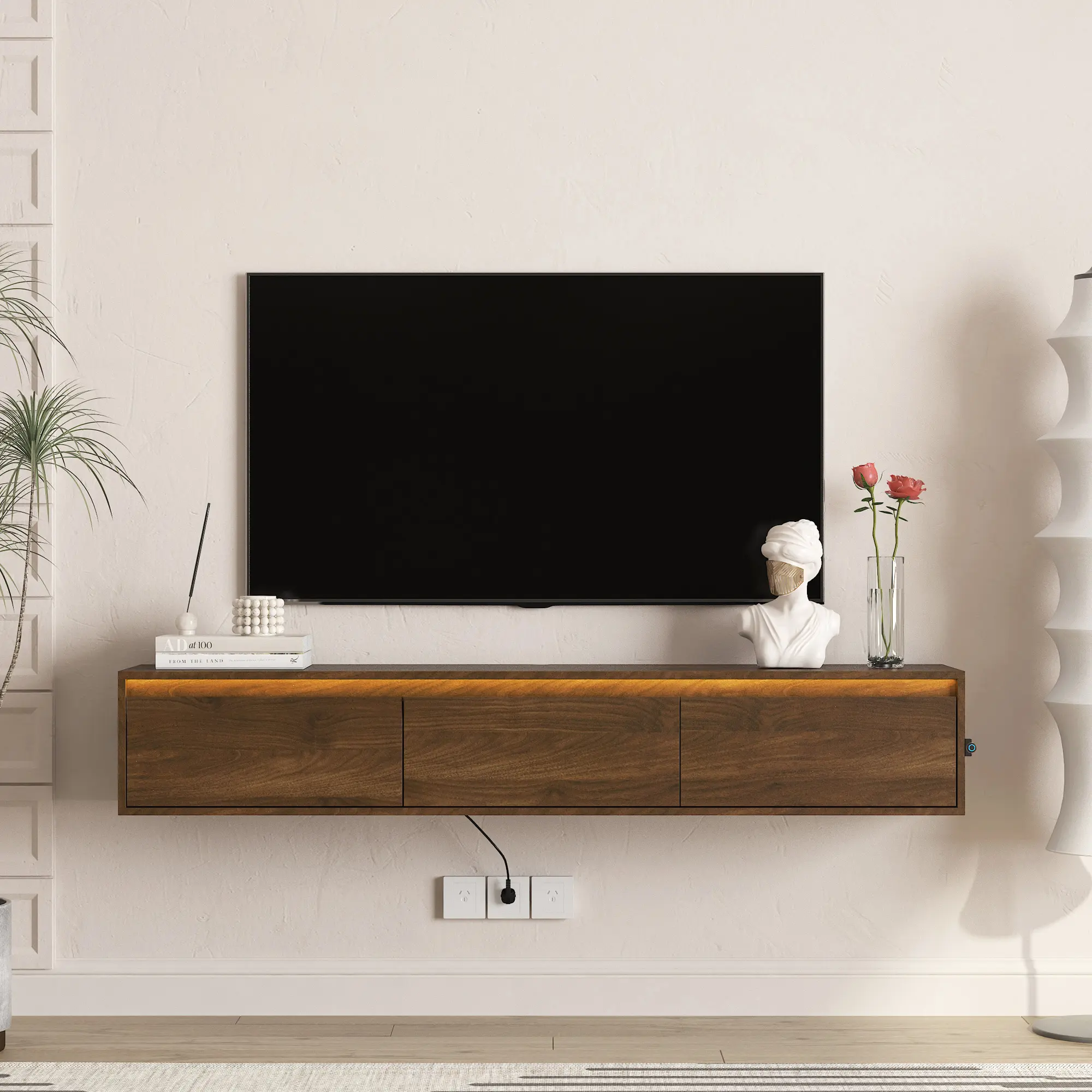 High-Gloss Floating TV Stand with LED Lights & Power Outlet, Wall Mounted TV Cabinet with Storage Shelves & Cable Management, Modern Media Console for Living Room