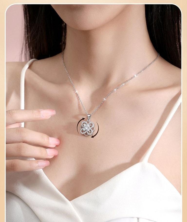 Rotatable Silver Flower CZ Pendant Necklace - Spinning Fidget Flower Necklace 25cm Chain Dainty Jewelry for Women Rotatable Silver Flower CZ Pendant Necklace - Spinning Fidget Flower Necklace 25cm Chain Dainty Jewelry for Women