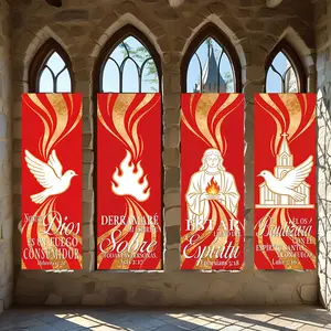 4 Pcs Religious Banners, Polyester Material Holy Spirit Christian vertical hanging banner set red gold flame dove Jesus church pattern suitable for Pentecost religious gatherings church sanctuary home prayer room wall decoration religious art decor