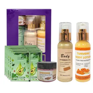 Body Shimmer Oil Rose Gold Body Butter Face & Body Liquid Luminizer Long Lasting Moisturizing Glitter Oil with Turmeric Lotion 10pcs Remover Wipe Set