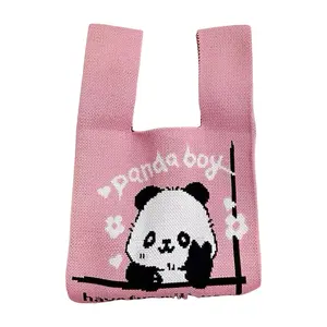 Portable Cute Panda Knitted Handbag, Women's Fashion Durable Tote Bag, Beach Bag Makeup Storage Bag, Nonwoven Fabric Cosmetic Bag