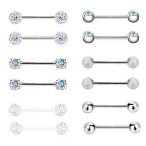OIDEA 14G 316L Stainless Steel Body-Safe Piercing Jewelry, Tongue Nipple Cartilage Barbell with Cubic Zirconia Rhinestones, Multi-Color