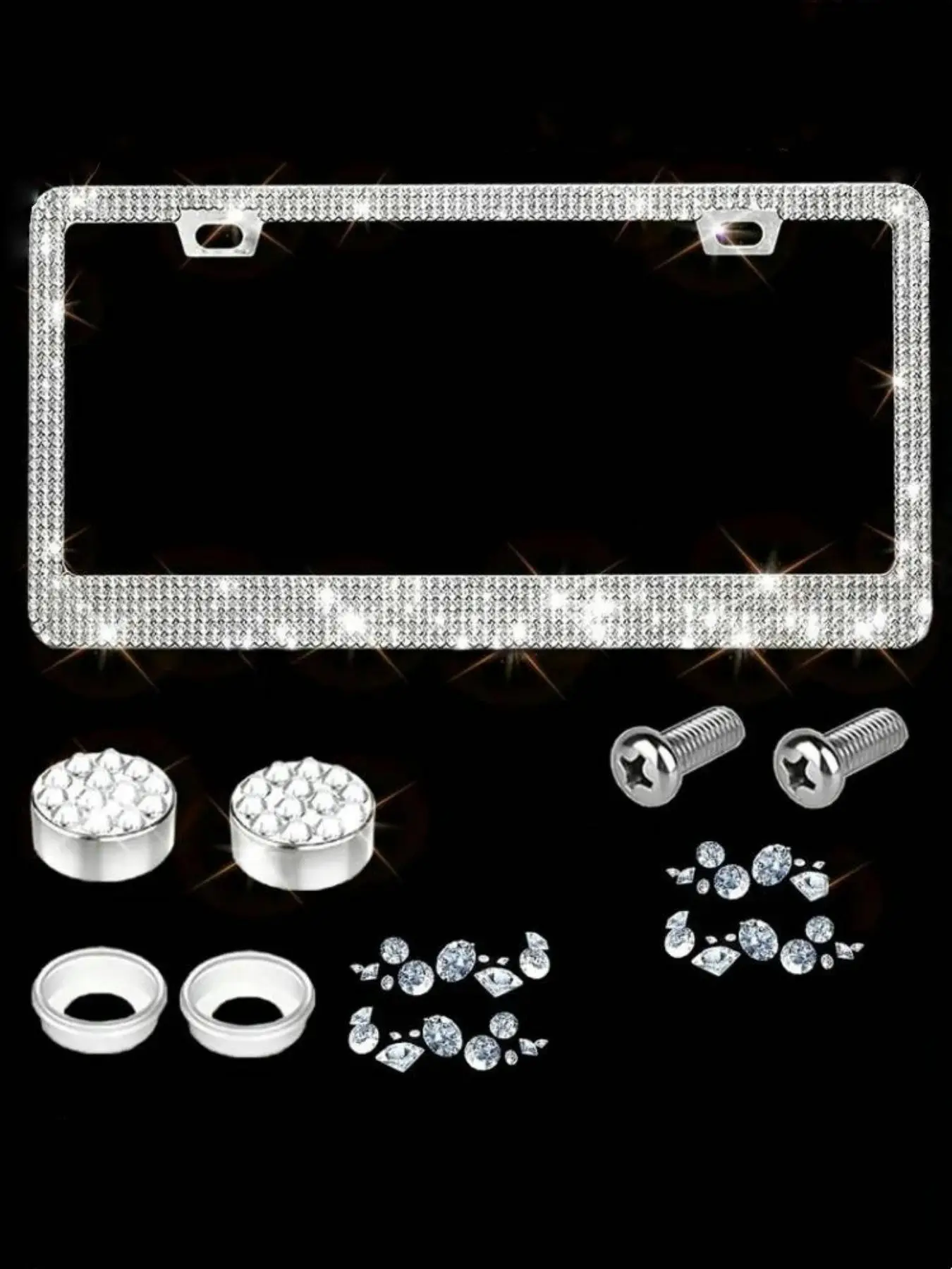 Rhinestone Automotive License Plate Frame with Screws & Bolts Cap, Vehicle License Plate Holder, Universal Car Exterior Accessories for Women & Girls,