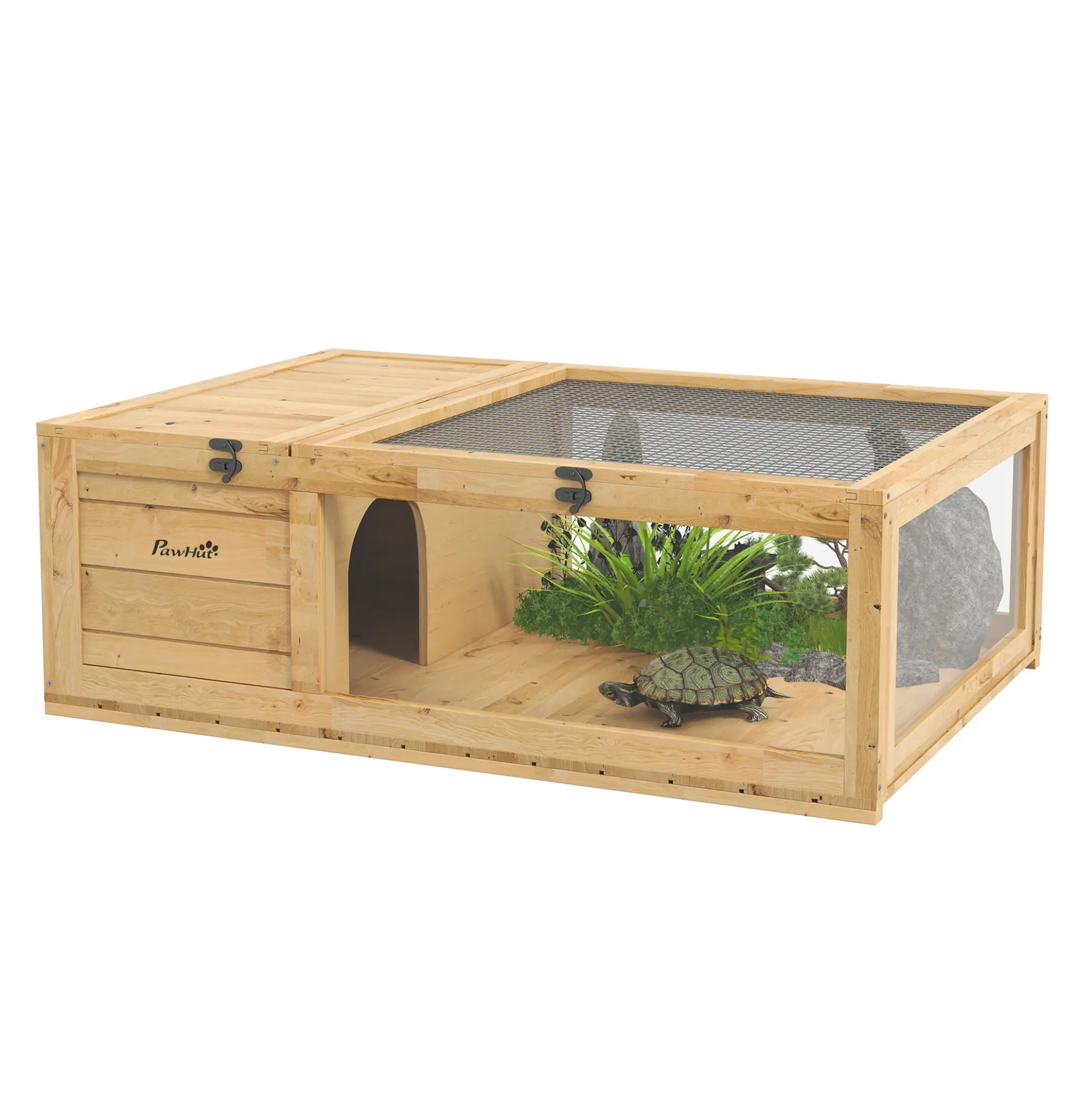 Tortoise House Wooden Turtle Habitat - Indoor Outdoor Reptile Cage for Lizards, Geckos - 36" Pet Enclosure with Viewing Windows & 2 Rooms - Yellow Yellow + Wood