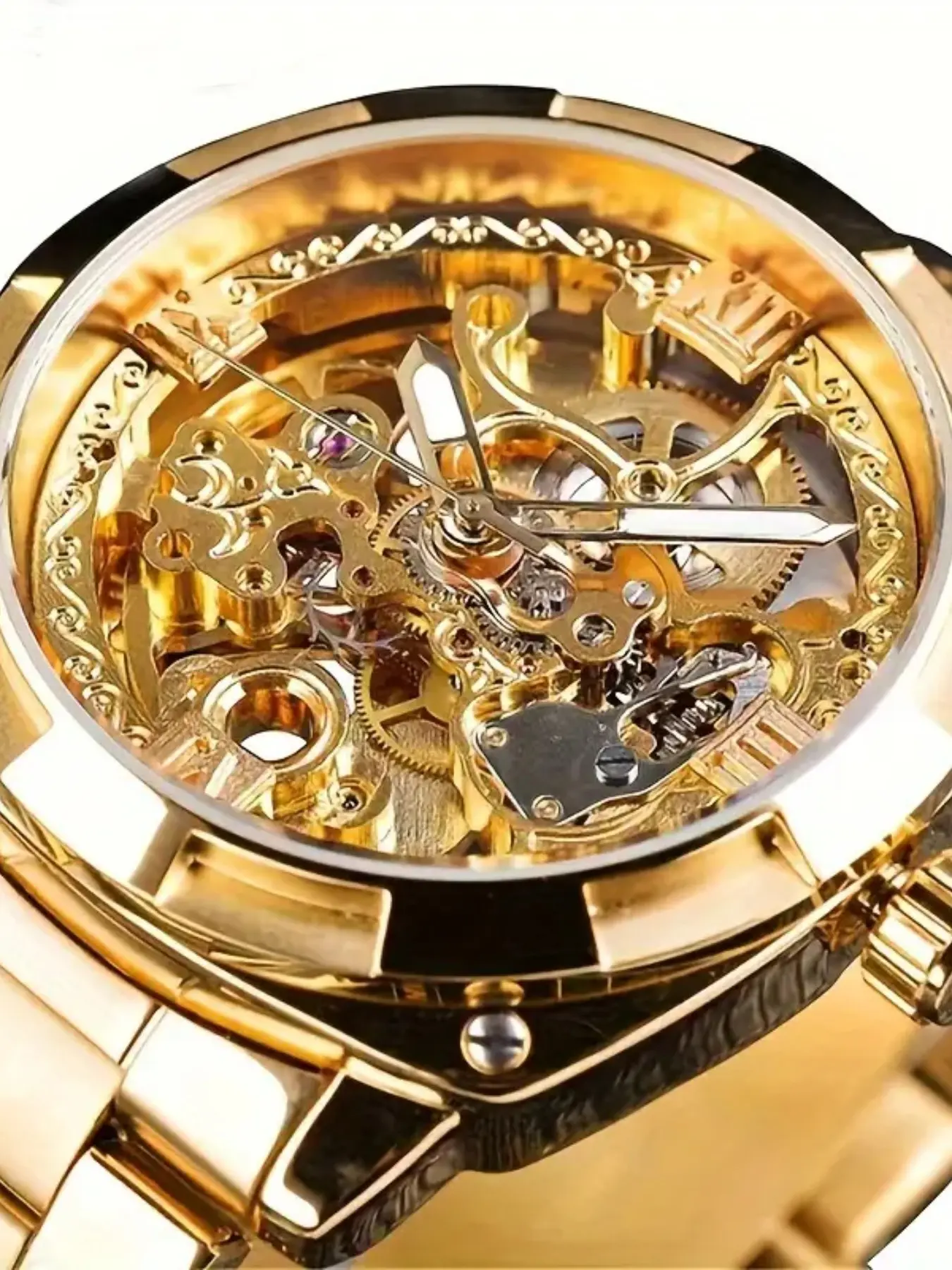 Men's Mechanical Watch, Golden Color Alloy Case, Round Analog Dial, Business Casual Style, Buckle Closure, All Seasons Wear, Mechanical Style Watches, Mechanical Wristwatches