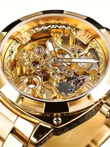 Men's Mechanical Watch, Golden Color Alloy Case, Round Analog Dial, Business Casual Style, Buckle Closure, All Seasons Wear, Mechanical Style Watches