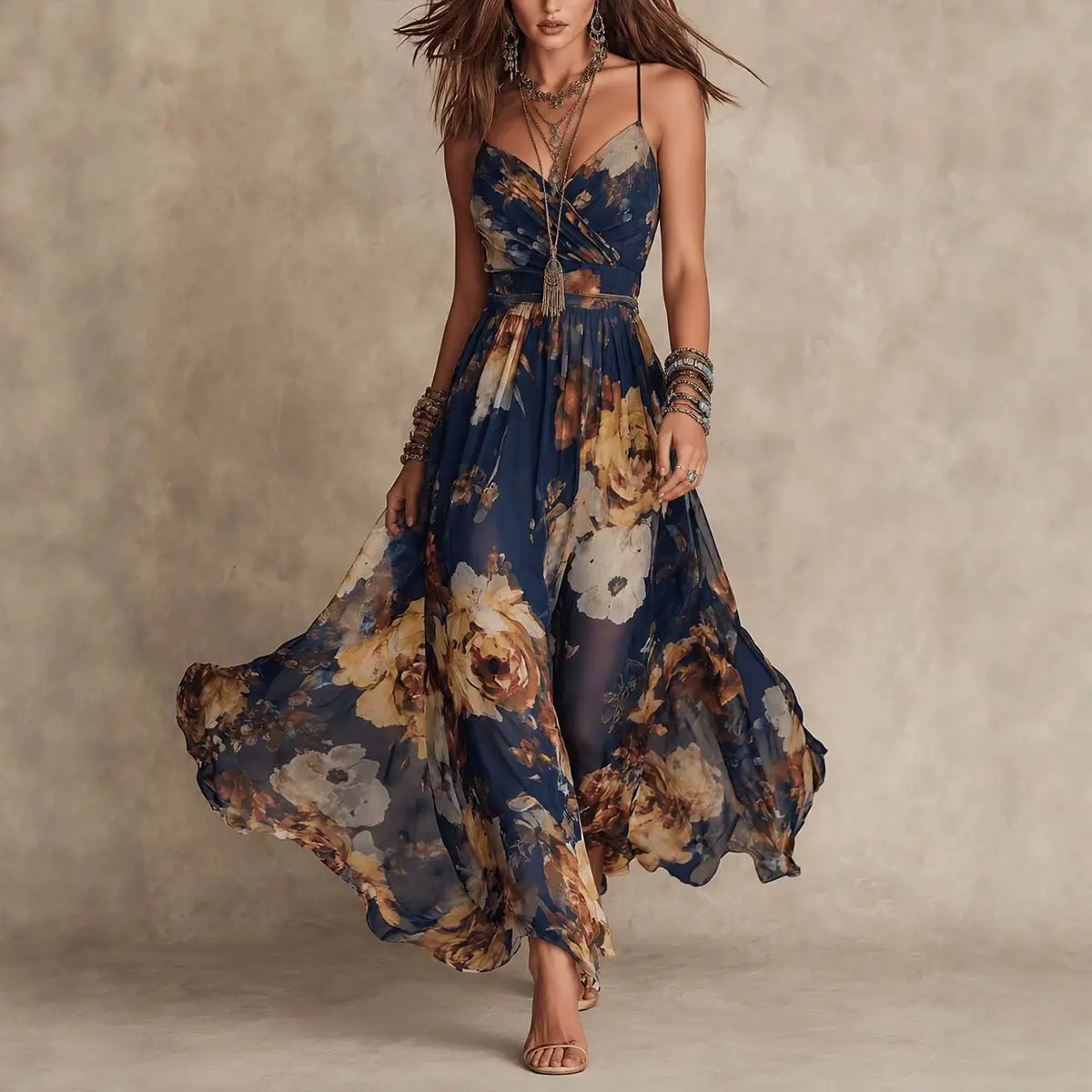 Women's 2026 Navy Blue Vintage Floral Print Spaghetti Strap V-Neck Waist-Cinching Flared Hem Flowing Chiffon Casual Beach Formal Dress, Fabric, Retro, Outdoor, Wrap, Lightweight, Casual Wear, Adjustable, Breathable, Ruched, Flowers, Soft, Sheer, Thin, Cas