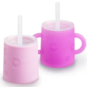 PopYum Silicone Training Cup with Straw and Lid, 2-Pack for Baby and Toddler, Tumbler, Sippy, handles, 5 ounce (purple and pink)