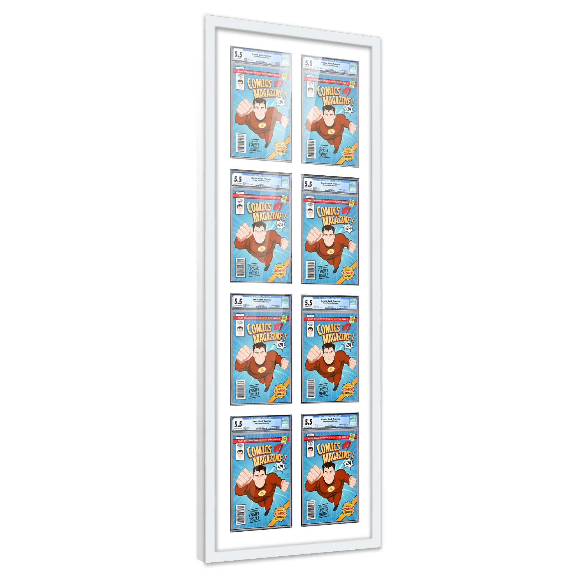 Comic Book Frame with Mat for 8 Graded Comics - White Wood Comic Frame With White Mat for 8.125x13 Comics - 21x58.5 Frame Size