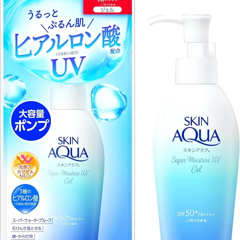Rohto Skin Aqua Super Moisture Gel Sunscreen Face - SPF50+/PA+++, 140g Pump Bottle Big Version, Sun Protective, Alcohol Free, Hyaluronic Acid Moisturizer for Adult Dry Skin, Hydrating UV Protection