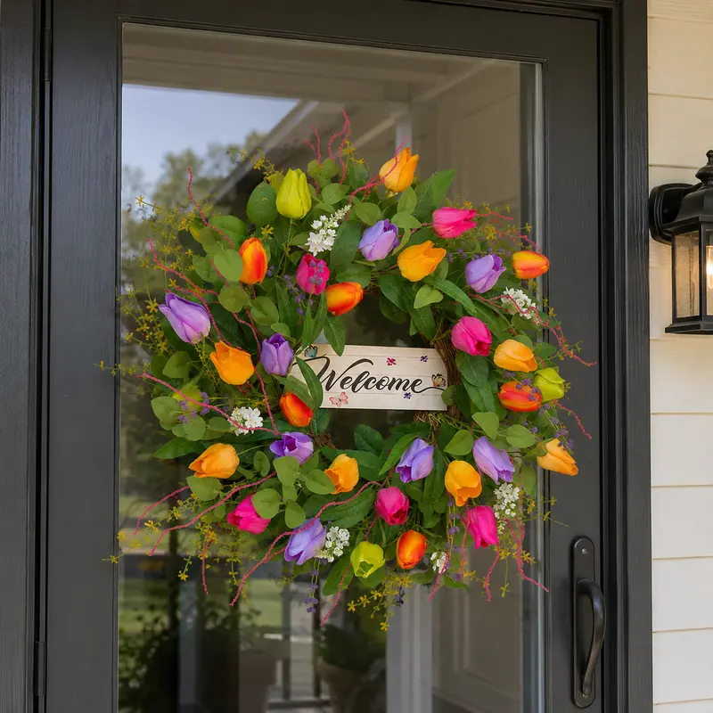 WreathQueen 24in UV-Resistant Synthetic Fabric-Plastic Blend Round Magnolia Artificial Floral Wreath - Layered Look, 4 Styles, Elegant Farmhouse Welcome Sign, Bright and Cheerful Flower Decor for Front Door Outdoor Porch