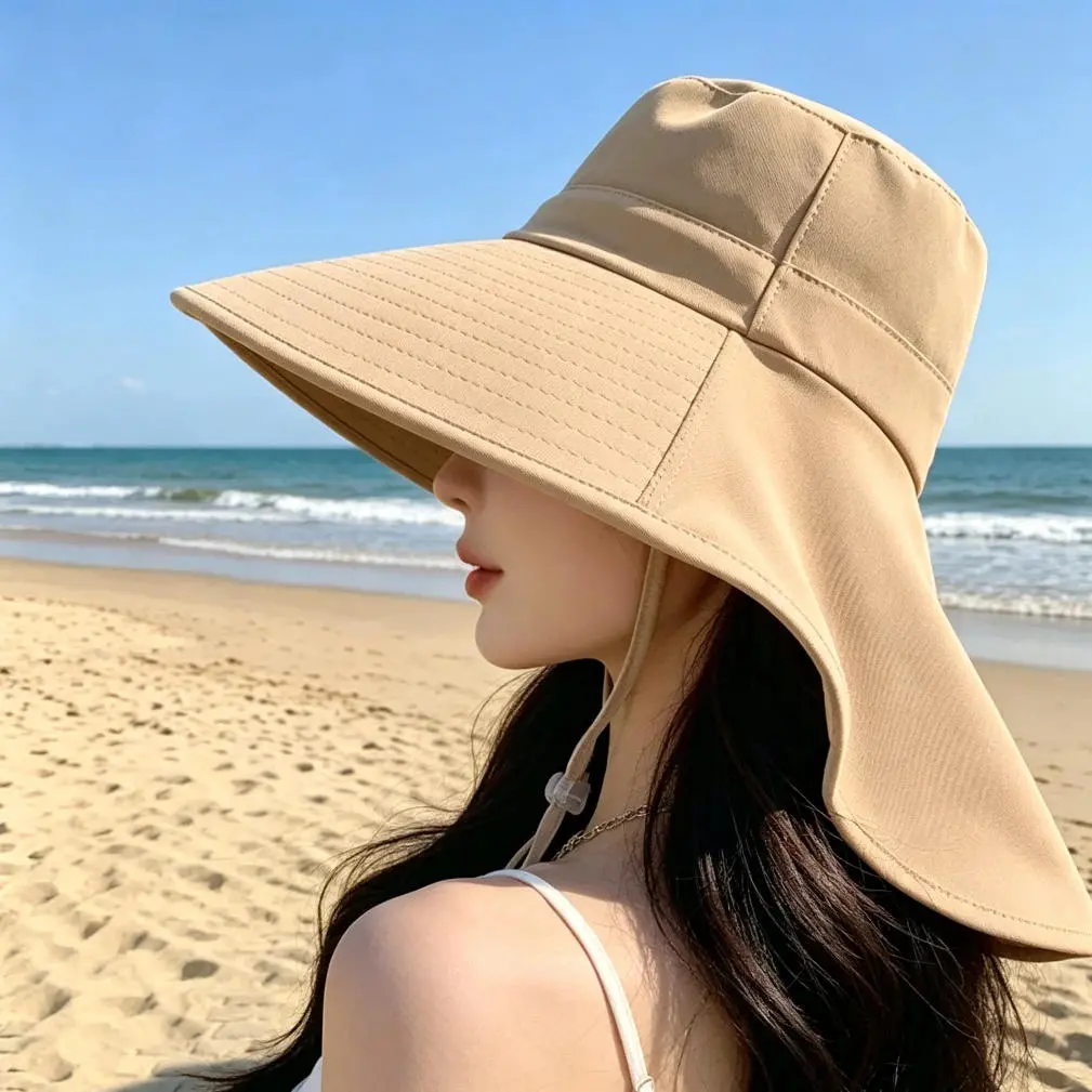 Classic Khaki Outdoor Ponytail Bucket Hat - 99% UV Block Wide Brim, Neck-Shoulder Guard, Breathable, for Hiking, Camping