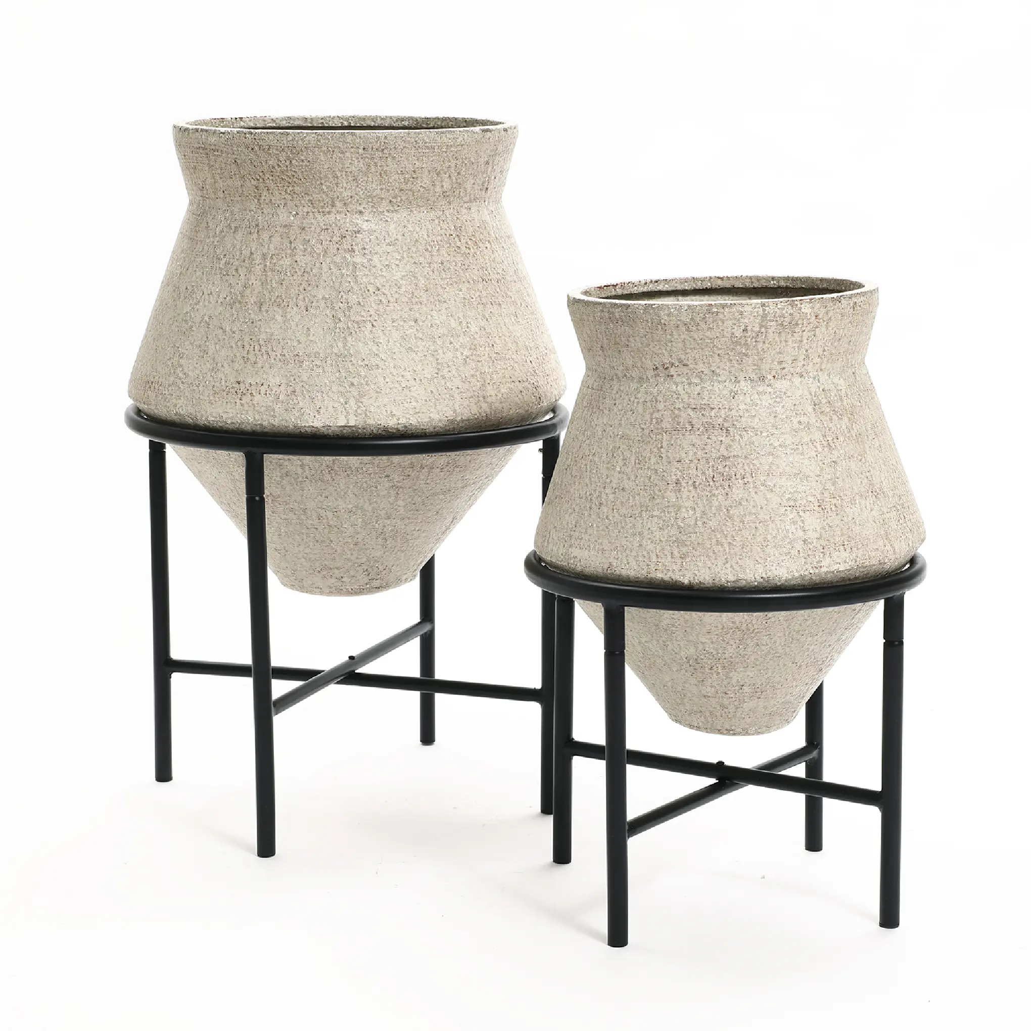 16"/13" Metal Cachepot Cauldron 2PC Set with Black Stands, Distressed White