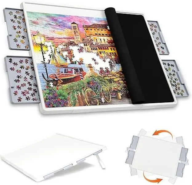 WELGEE 1500 Pieces 2-in-1 Tilting & Rotating Puzzle Board with Drawers and Cover, 35"x27" Portable Spinning Plastic Jigsaw Puzzle Table for Adults, Upgraded Lazy Susan